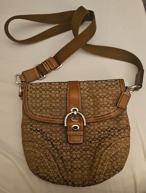 Coach Tan Signature Canvas Crossbody Bag with Leather Trim VINTAGE